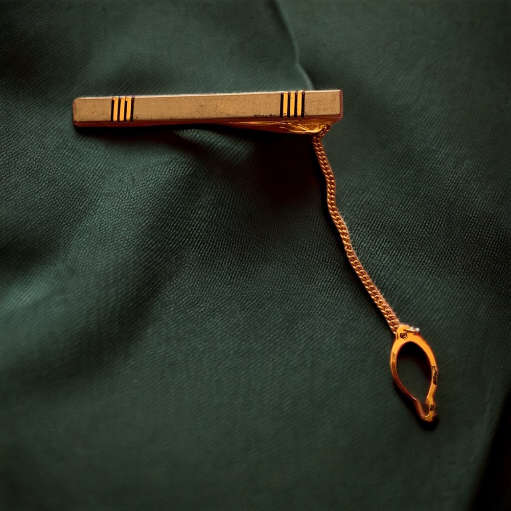 Gold brass tie clip with chain
